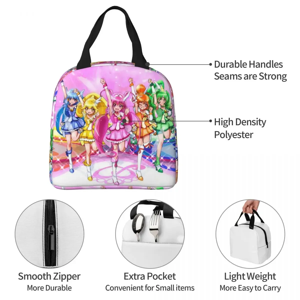 Smile Precure Anime Insulated Lunch Bag Thermal Bag Glitter Force Yayoi Miyuki Nao Reika Akane Large Lunch Box Tote Food Bag