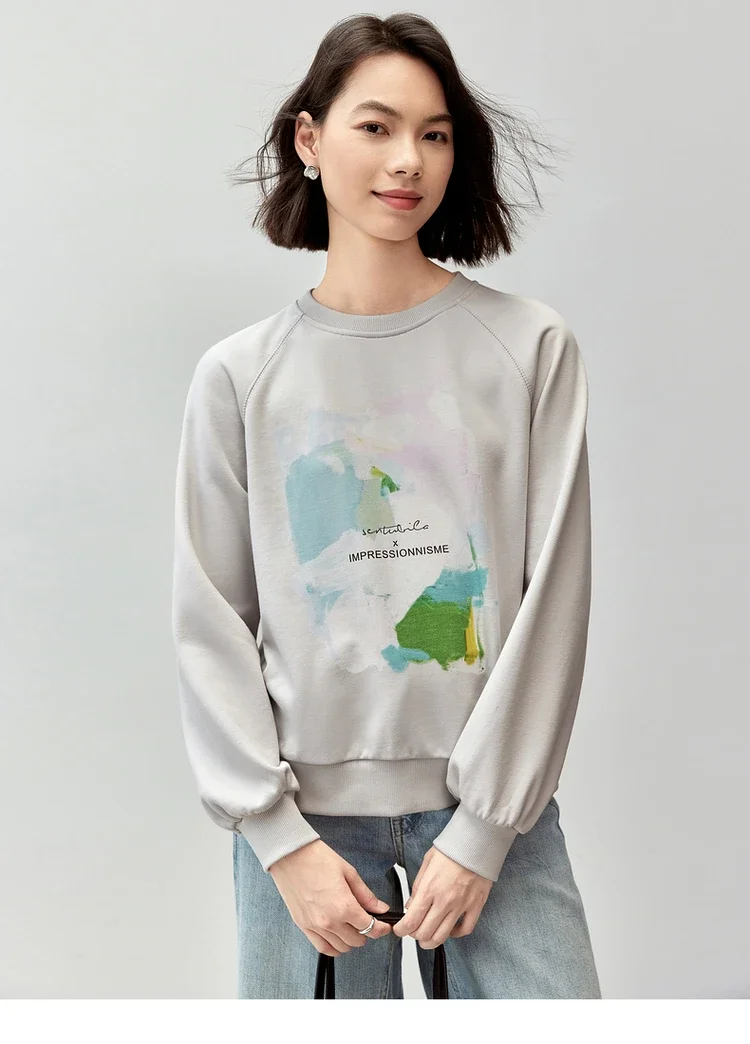 

SENTUBILA Letter Print Cotton Knit Sweatshirt Women 2024 Autumn Casual Loose Round Neck Simple Comfort Clothes Women 143A56705