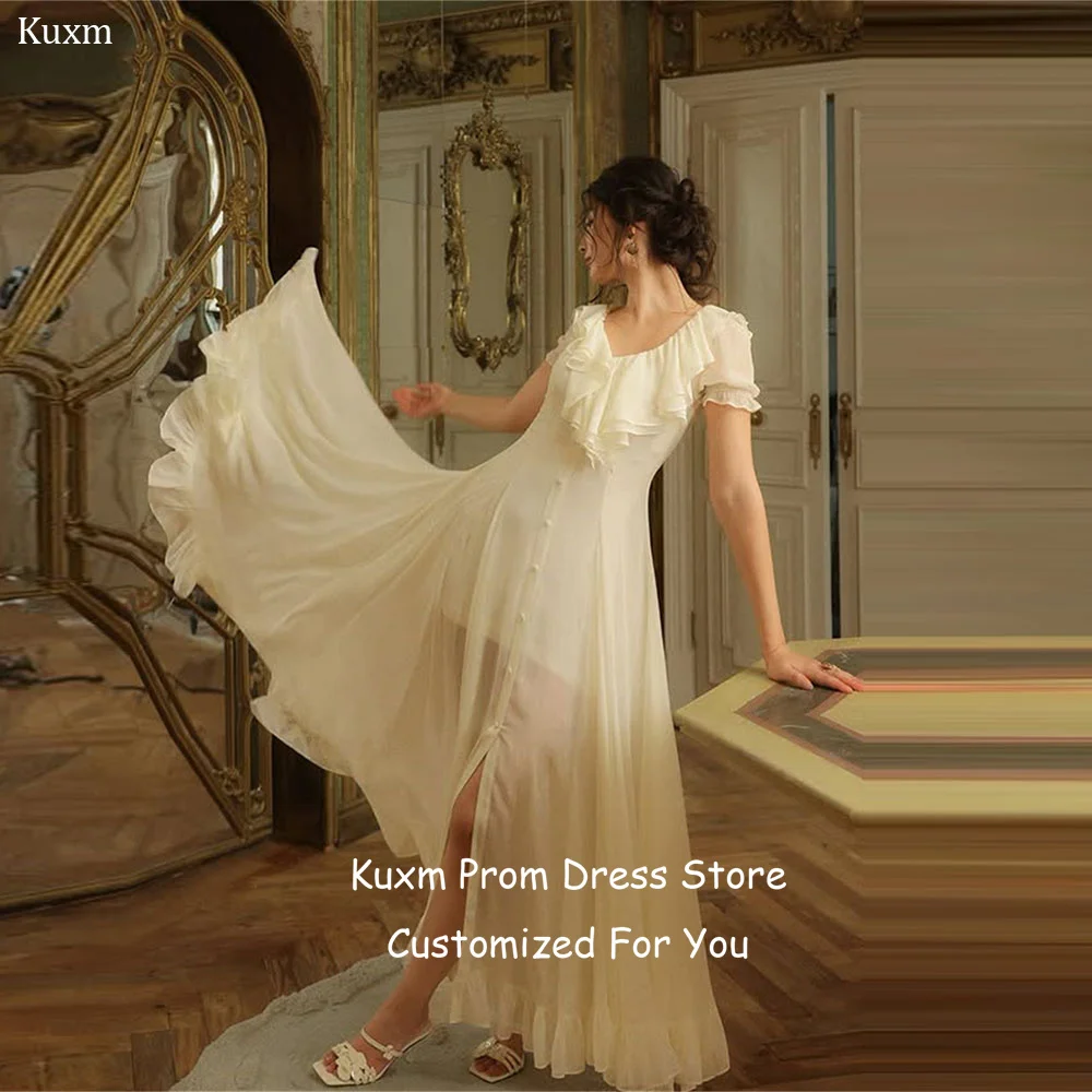 Kuxm Chiffon A Line Wedding Dresses Bride O Neck High Slit Formal Button Vestidos De Novia Floor Length Korean Dress Customized