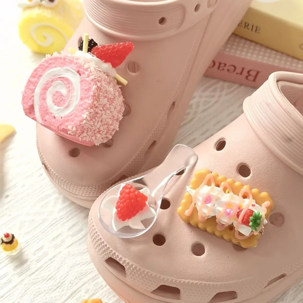 

Pink Cream Cake Roll Series Beautiful Designer Charms Ins Popular Footwear Decoration DIY Fresh Hot Adornment for Clogs Sandals