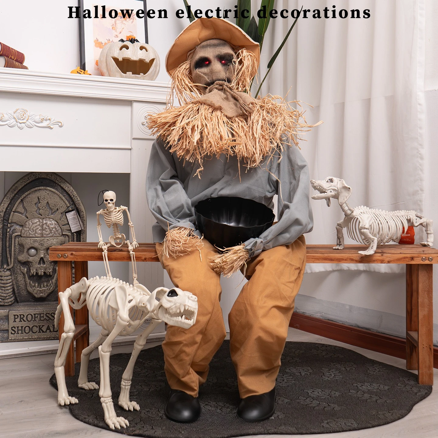 Halloween new scarecrow ornament with bowl electric induction horror decoration prop