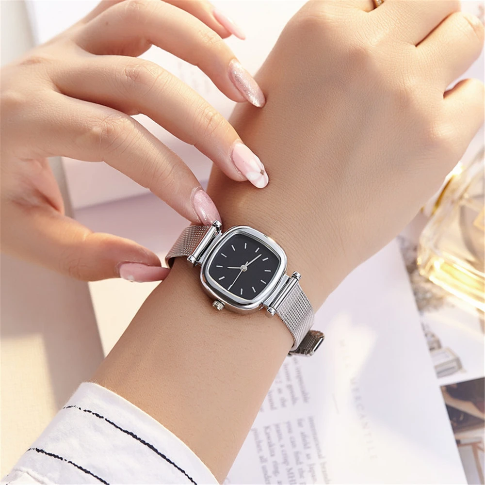 fashion small square dial silver mesh steel quartz women lady watch