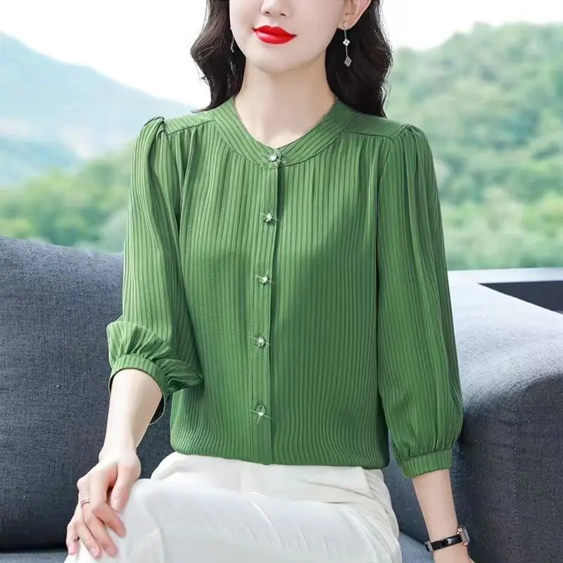 Women Floral Print Elegant Button Shirts Summer Korean Fashion Stand Collar 3/4 Sleeve Office Lady Blouse Chic Loose Tops Blusas