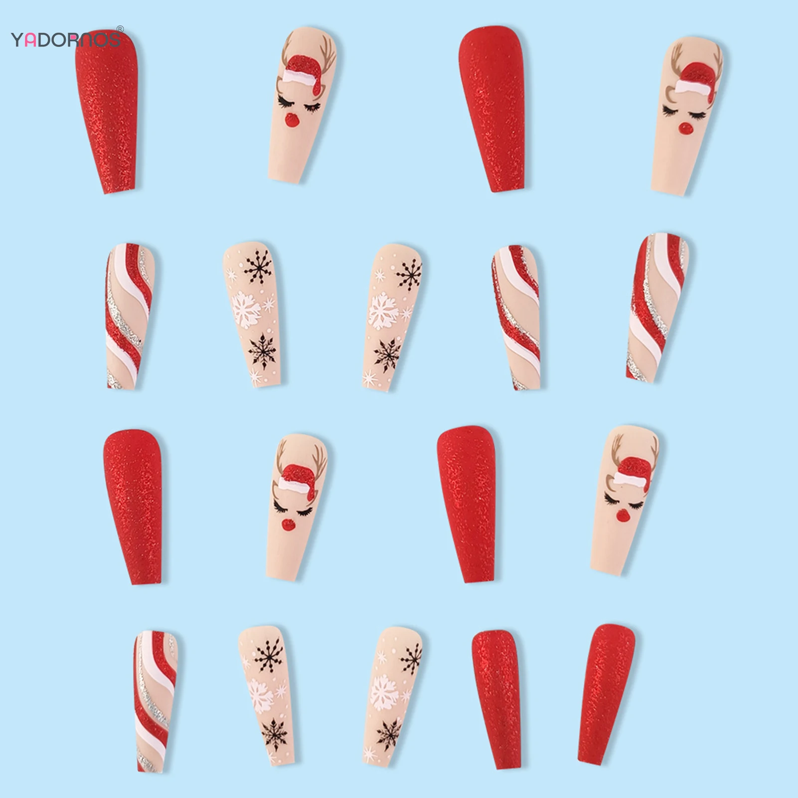 24pcs Cute Reindeer Christmas False Nails Snowflake Glitter Red Stripes Santa Hat Printed Press On Nails Long Coffin Fake Nail