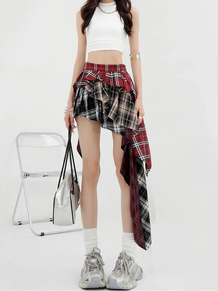 Unregelmäßige Plaid Patchwork Y2K Frauen Rock Vintage-Mode Hohe Qualität Sommer Sexy Schlank A-linie Rock Coquette Streetwear
