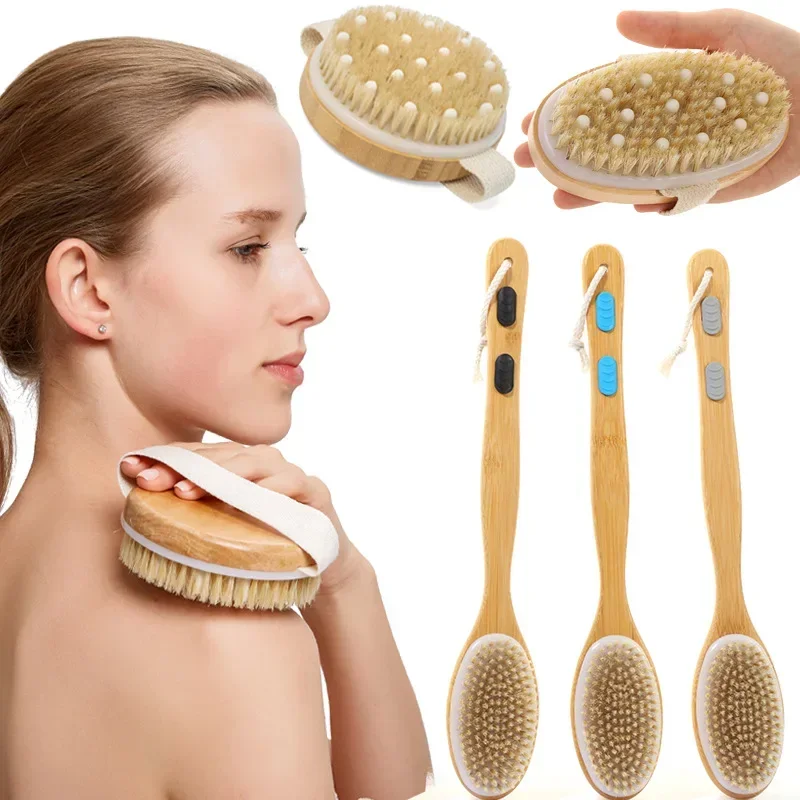 Wooden Detachable Long Handle Shower Body Brush Bathing Massage Back Body Exfoliating Brushes Bathroom Wash Brush Bath Tools 1Pc