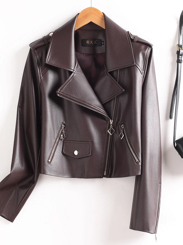   Giacca da Motociclista in Vera Pelle Ning per Donna, Vestibilità Slim, Autunno 2025, Cappotto in Pelle di Pecora con Chiusura a Cerniera