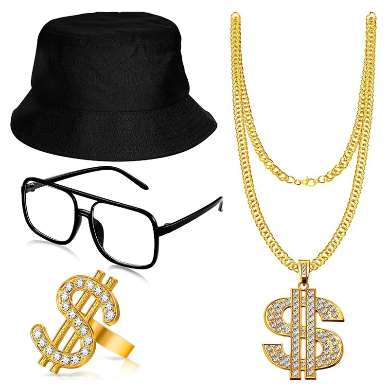 1set New Retro PROM Party Men Dress Up in Cosplay Hip Hop Punk Dollar Necklace Fisherman Hat Glasses Set