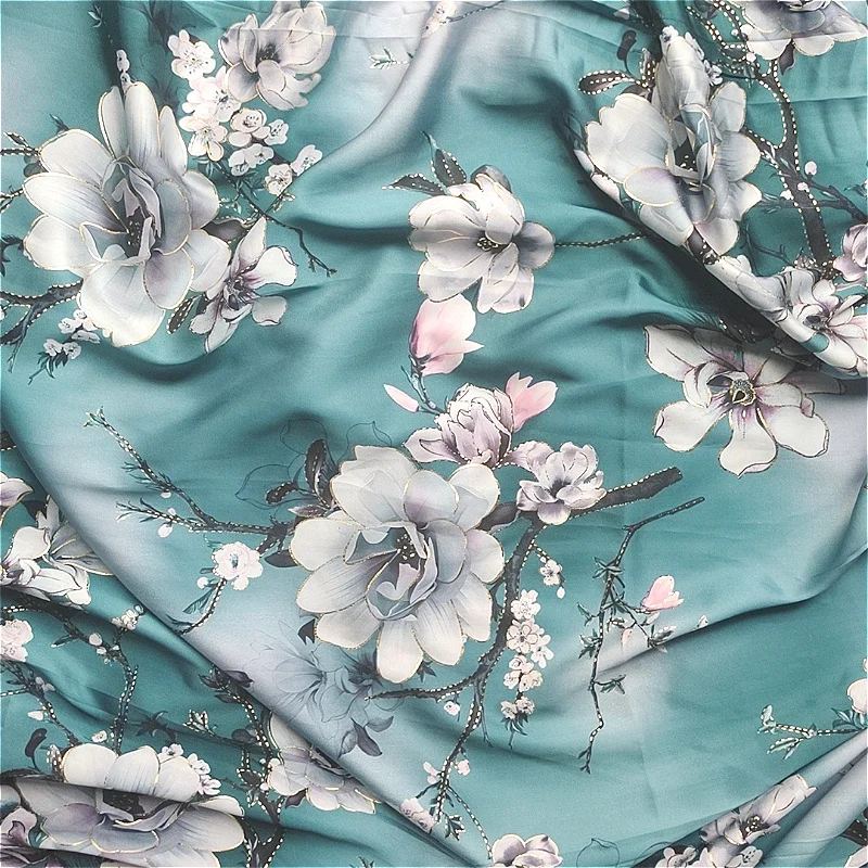 2024 Green Floral Satin Fabric Printed Gauze Printed Transparent Chiffon Polyester Filament Satin Summer Sewing Material