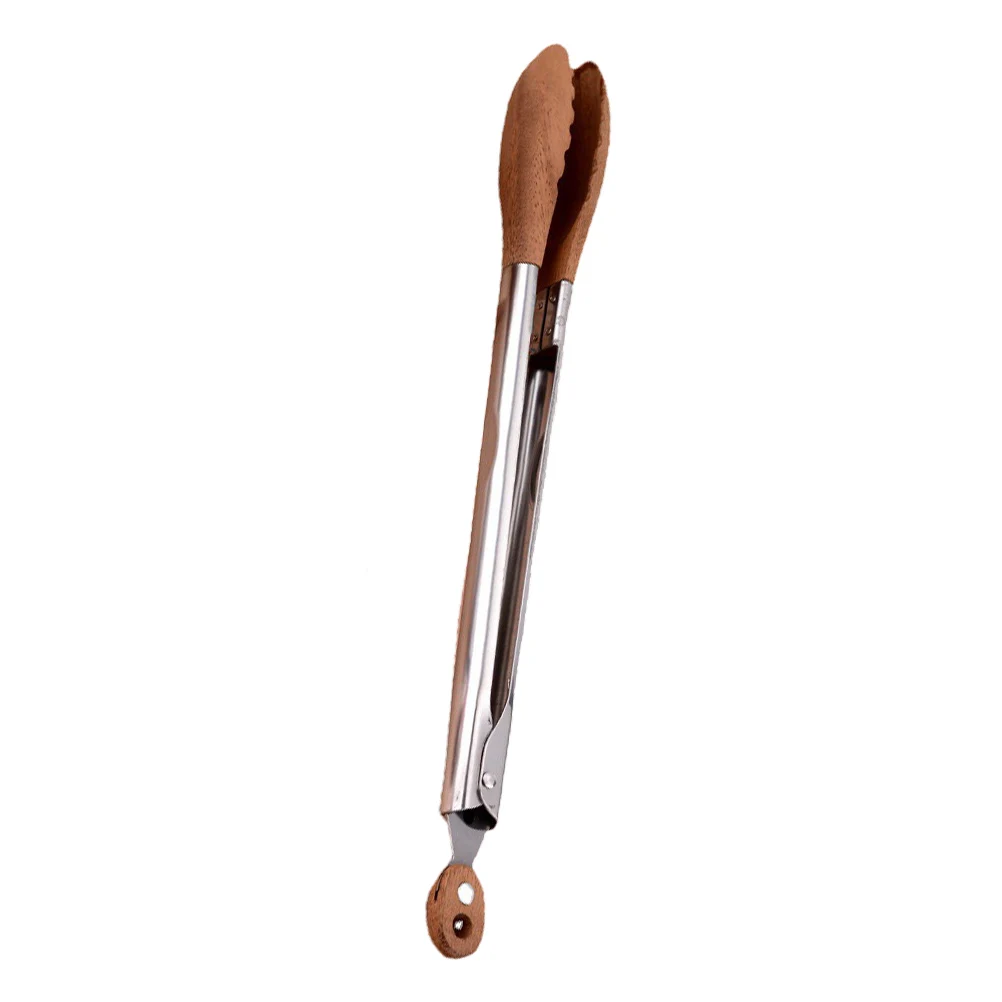 

Food Tongs Kitchen Utensils Stainless Steel Walnut Wood Pliers Serving BBQ Grill Salad Practical Lightweight Storage