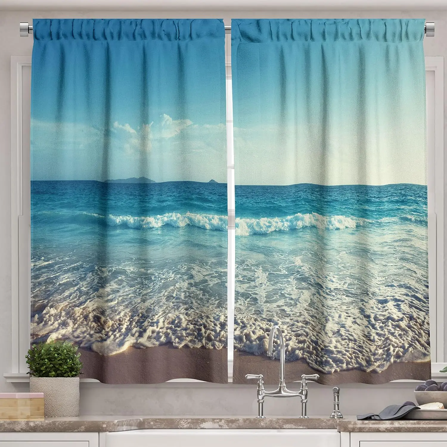Coastal Ocean View Curtains Seascape Beach Blue Waterproof Polyester Drapes Window Window Treatment Home Decor Modern Bath Curta