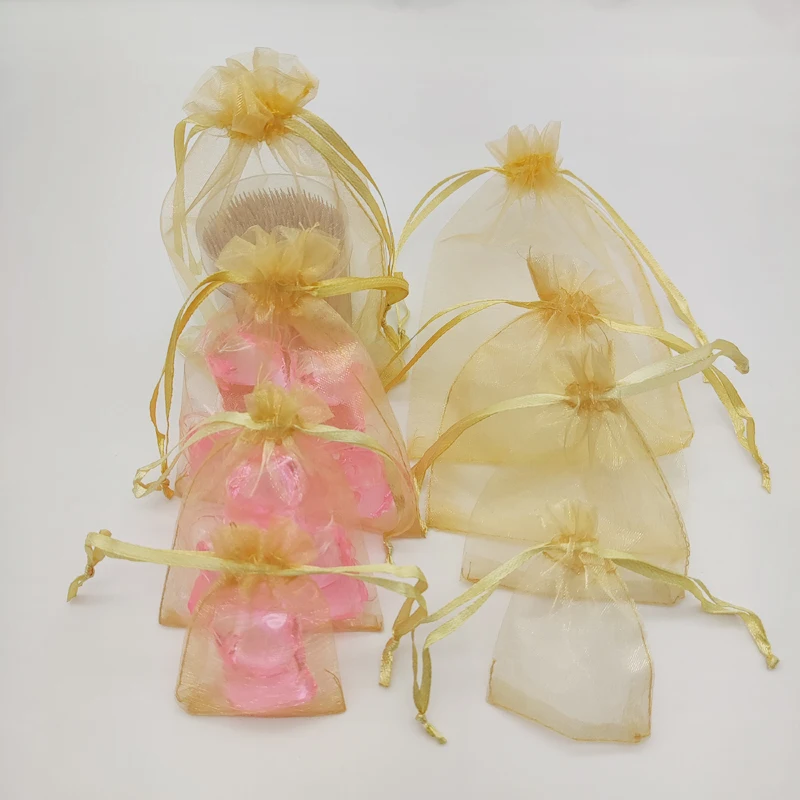 100pcs Gold Gift Bag Transparent Organza Packaging Pouches Jewlery Bags Organza Gift Bags for Christmas Wedding Drawstring Bag