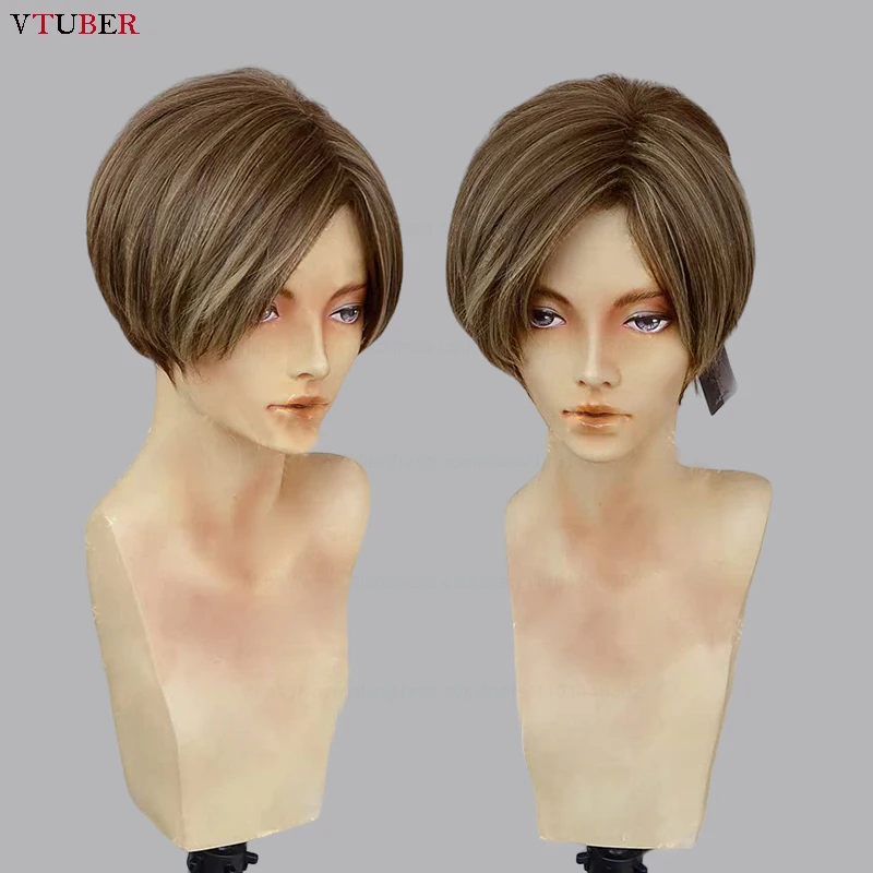 

Movie Leon Scott Kennedy Wig Short Brown Color Highlights Styled Heat Resistant Hair Anime Cosplay Costume Wigs + Wig Cap