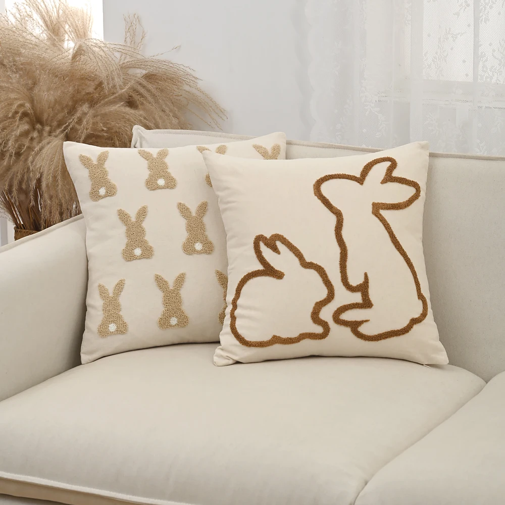 BUYNOW 1PC 2pcs/set Beige Rabbit Embroidered Throw Easter Pillowcase Vintage Country Living Room Sofa Cushion Cover Home Decor