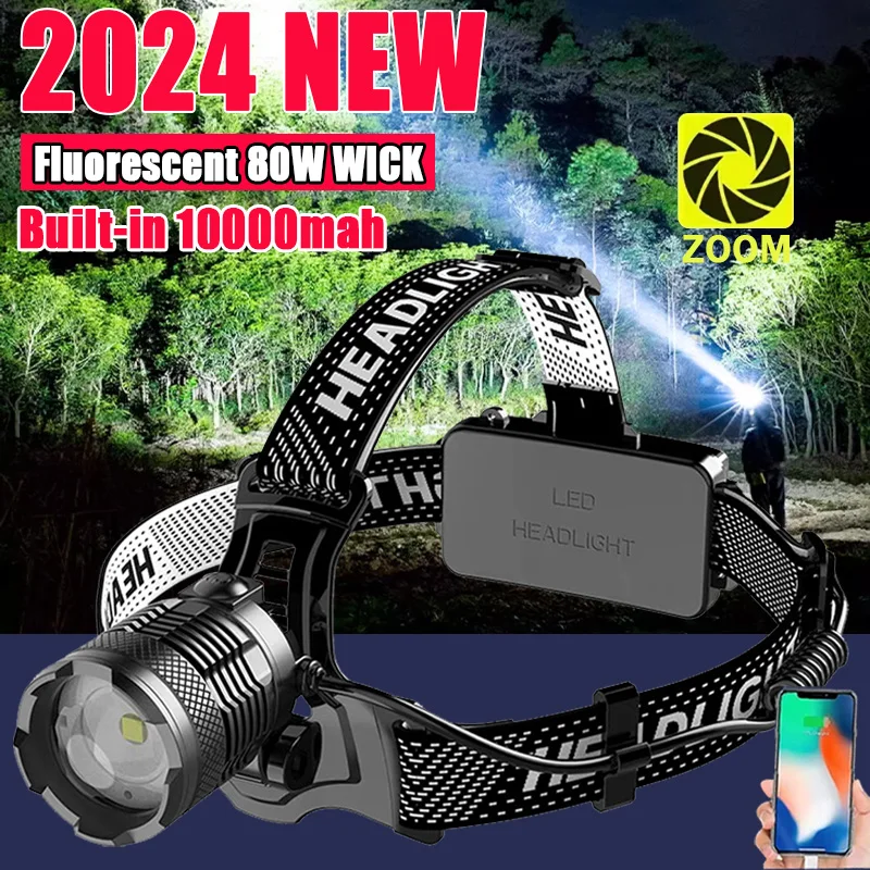 

2024 Ultra Powerful LED Headlamp Super Bright Long Range Head Flashlight USB Rechargeable Head Torch Fishing Hunting Head Light