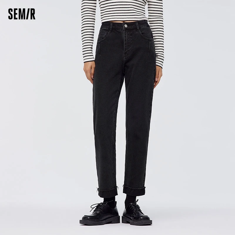 Semir 2024 Jeans Women Raw Edge Curled Straight Leg Spring Nine-Point Pants New Style Trousers For Women