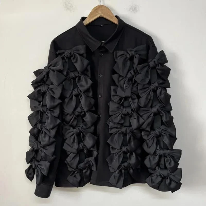 Bowknot Decoration Trendy Men's Shirt Dark Style Niche Design Loose Personality Versatile Lapel Male Shirts VFGR54