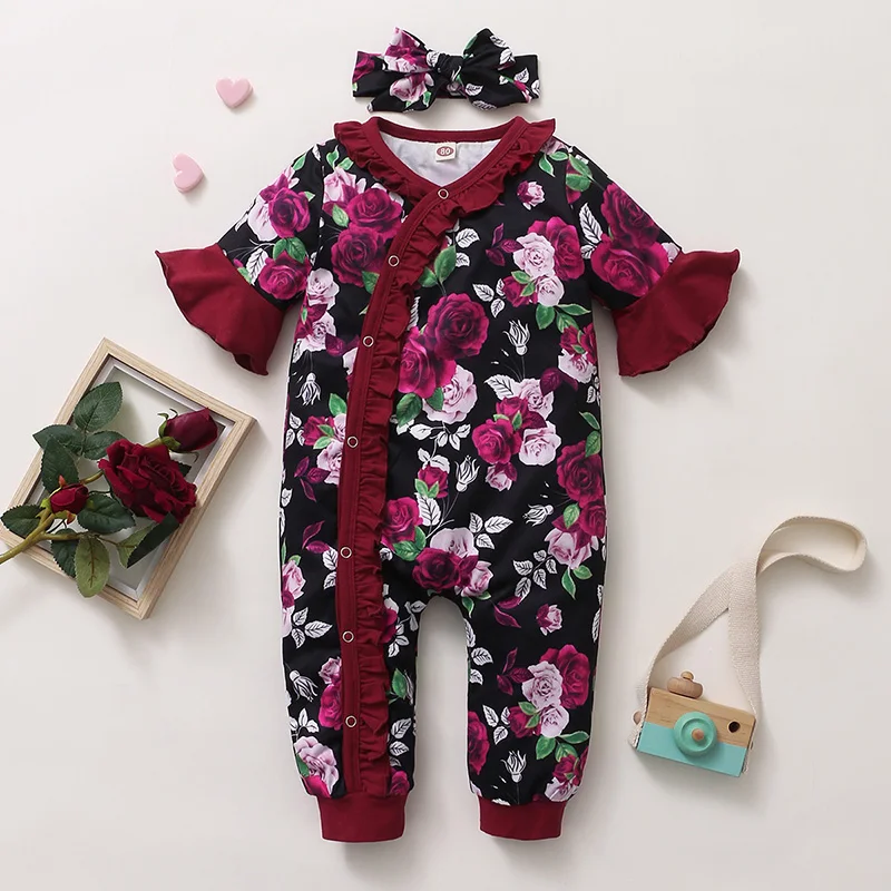 0-18Months Newborn Baby Girls Gorgeous Rose Floral Ruffle Short Sleeve Jumpsuit + Headband Toddler Baby Girl Festival Costumes