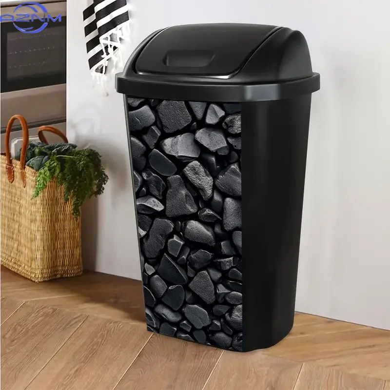 1pc 2D/Flat Black Rock-Like Pattern Self-Adhesive Dustbin Stickers, Non-Festive, PVC Trash Can Decorative Stickers, Waterproof