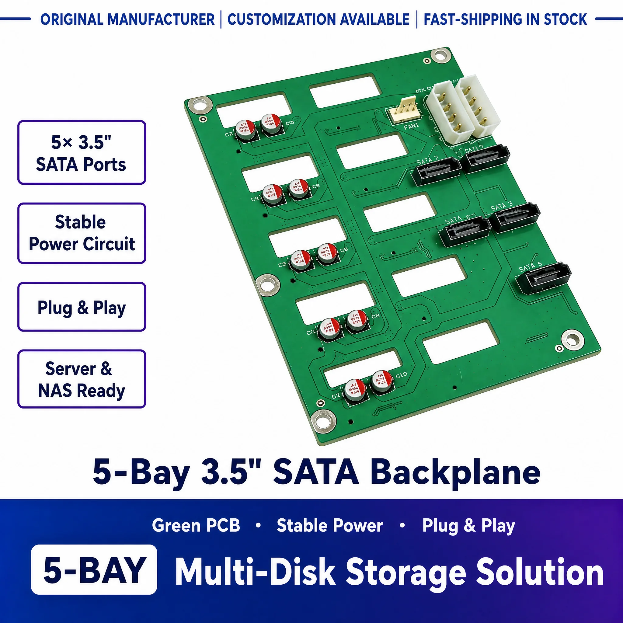 5 Bay SATA Hard Drive Backplane 6Gbps Hot‑Swap HDD SSD Expansion Board Large 4D Power Supply for NAS Server Storage Chassis