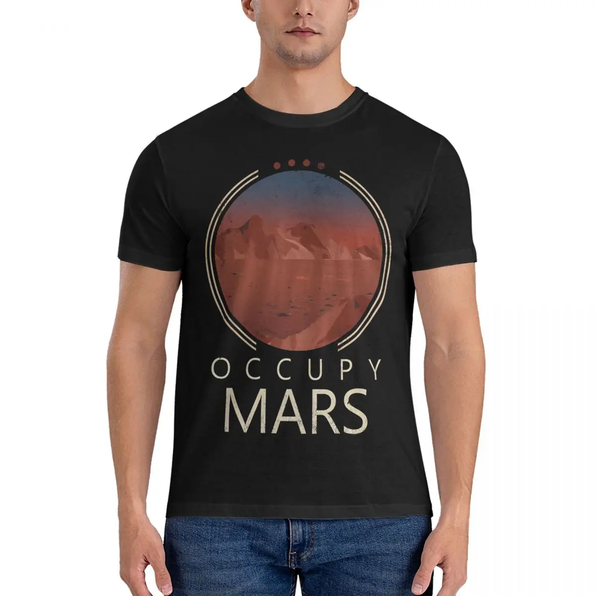 Vintage Conquer Planet Mountains T-Shirt Men Round Collar 100% Cotton T Shirt Occupy Mars Short Sleeve Tees Adult Tops