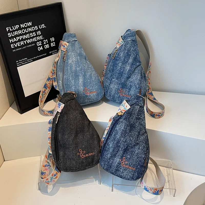 

Nylon Solid Denim Zipper Soft Waist Packs 2026 Hot Selling Versatile Simple Crossbody Bags Sweet Neutral Style Casual Chest Bags
