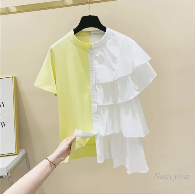 Irregular Ruffled Stitching Tshirt for Women Short Sleeves Round Neck Cotton T-Shirt 2024 Summer Loose Tops Yellow Tees