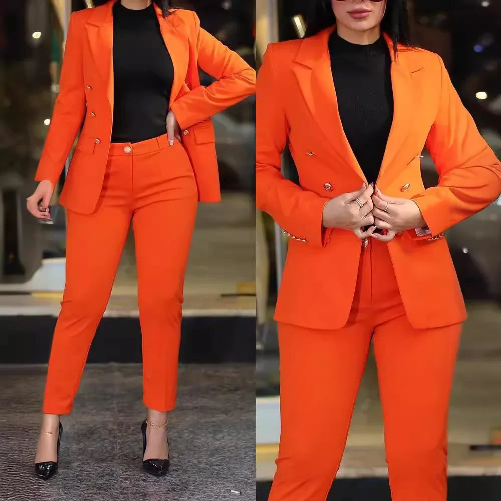 2pcs Women Office Clothing Set Long Sleeve Blazer Jacket & High Waist Pencil Pants Solid Color