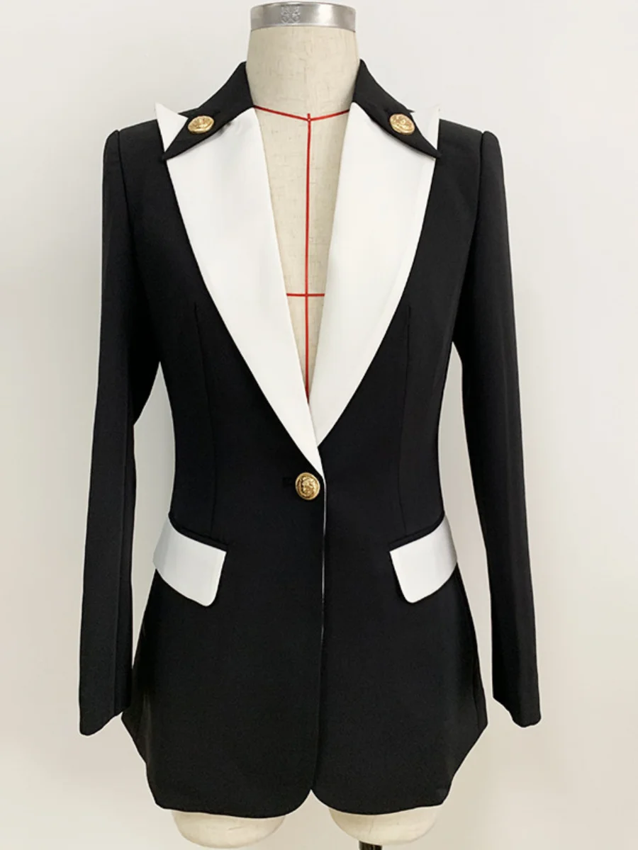 Quality Fashion High White Contrast Color Metal Buckle Slim Black Blazer Jacket Women 2023 Fall Winter New Suit Coat