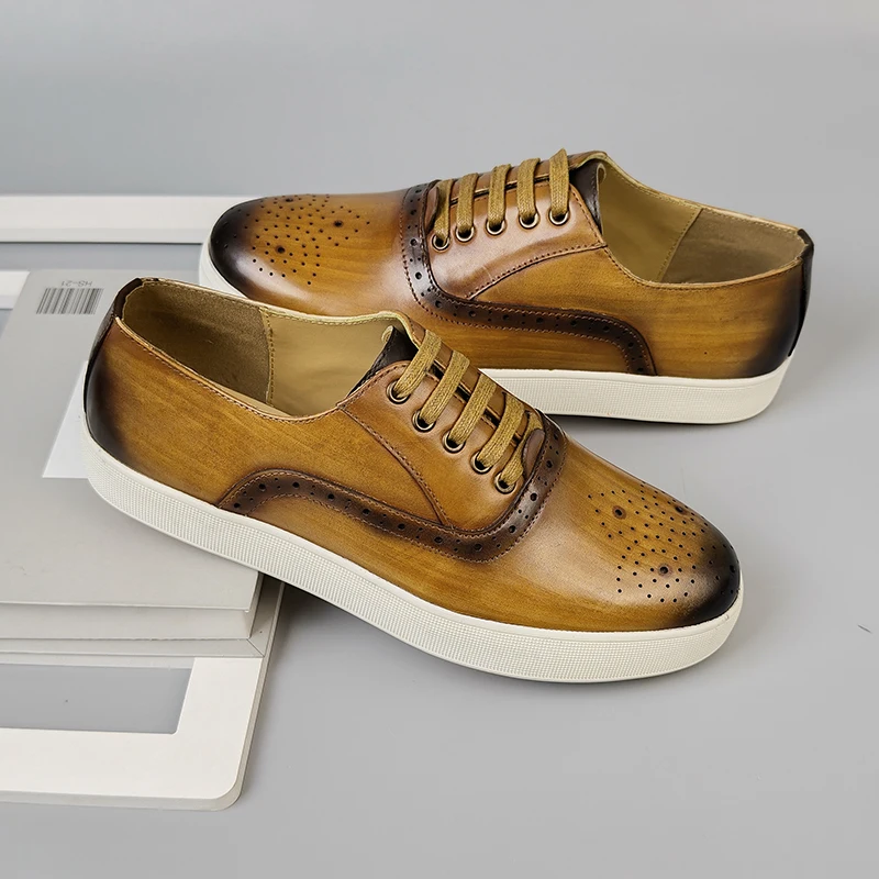 

Men's Genuine Lthr Casual Dress Shoes Top-Grain Cowhide Handmade Gradient Antiquing Brogue Light Biz Casual