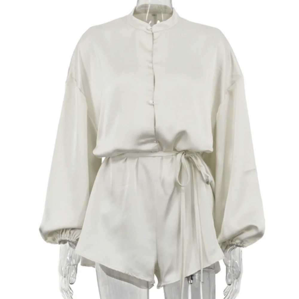 Solid Color Women's Jumpsuit Drawstring Waist Single Breasted Stand Collar Jumpsuit Lace Up Front Beige Color