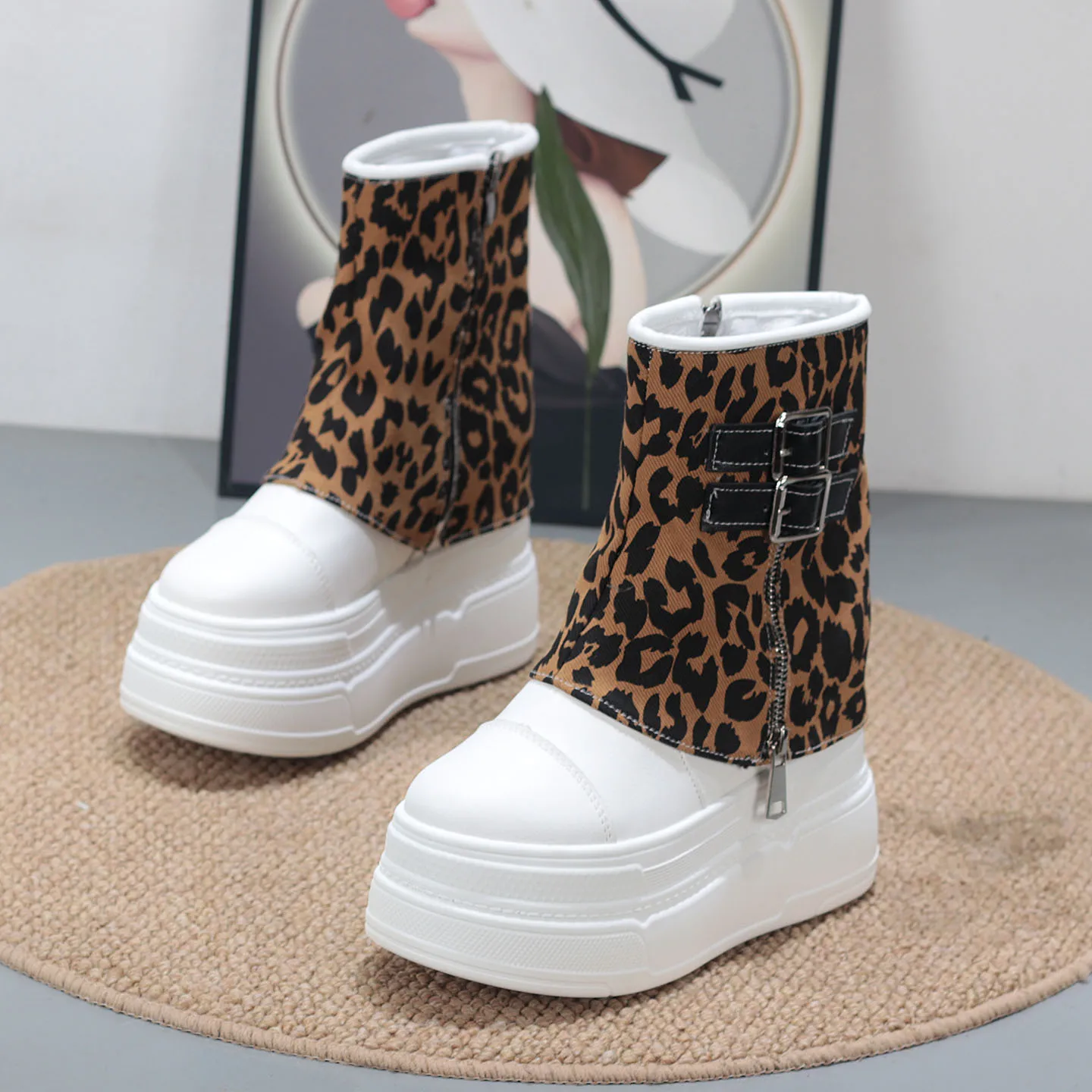 

Extra Thick Sole Women's Cargo Boots Autumn 12CM Hidden Wedge Super High Heel with Side Zipper Warm Lined High Shankle Boots