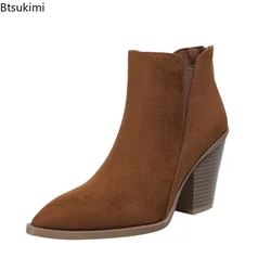 Women's Modern Boots Pointed Toe Slip on Shoes Females Suede Zipper Ankle Boots Chunky High Heel Platform Boots Shoes for Woman