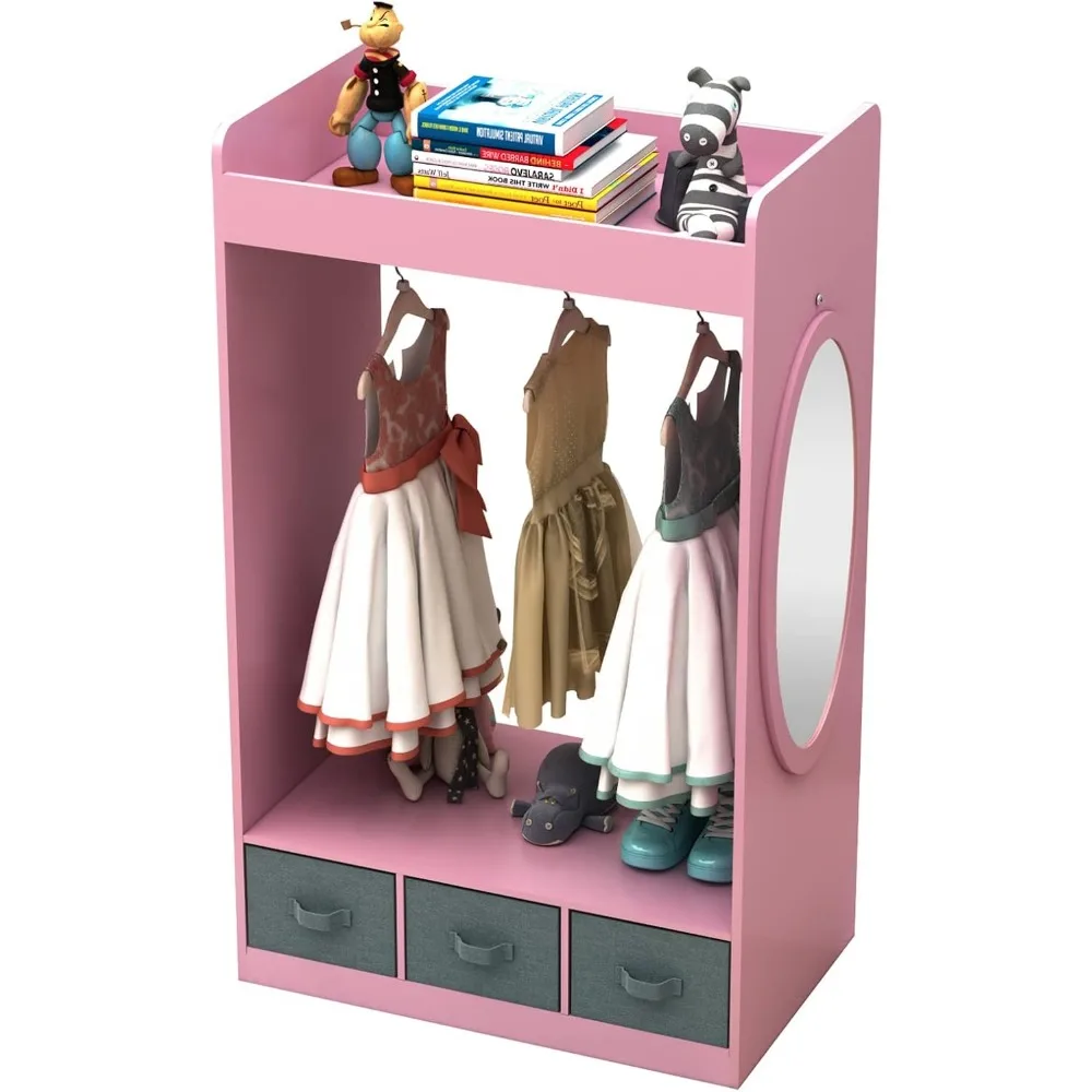 Children's Wardrobes , Dress up Storage with Mirror and Storage Bin,Kids Play Armoire Dresser with Mirror,Kids Costume Organizer