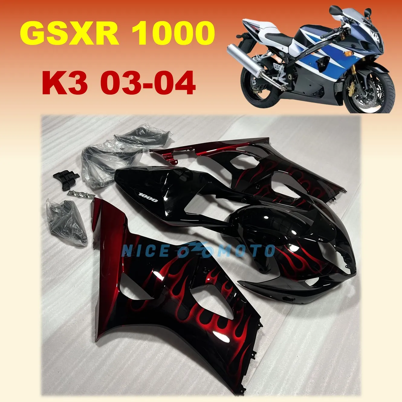 Custom Red Flame Motorcycle Accessories Fairings Fit for Suzuki GSXR1000 gsxr1000 03 04 GSX-R1000 2003 2004 upmarket fairing kit