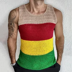 Trendy Mens Knit Tank Tops Summer Fashion Colorful Striped Knitting Vest Casual Men Knitwear Sleeveless O Neck Leisure Camisole