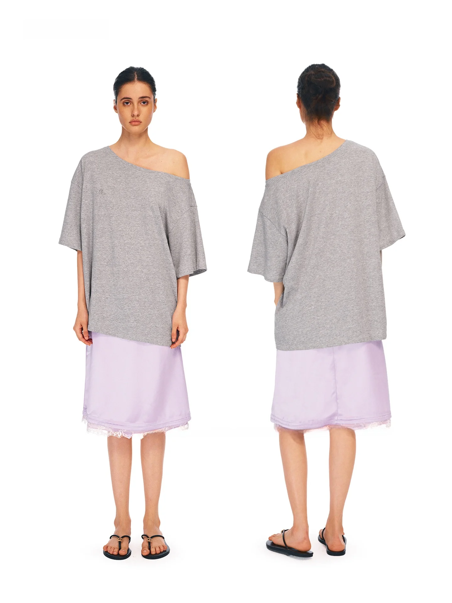 AHNKANK Summer New Loose Shoulder Bared Women's T-shirt Pure Color Oversize Comfortable Short Sleeve Casual Top