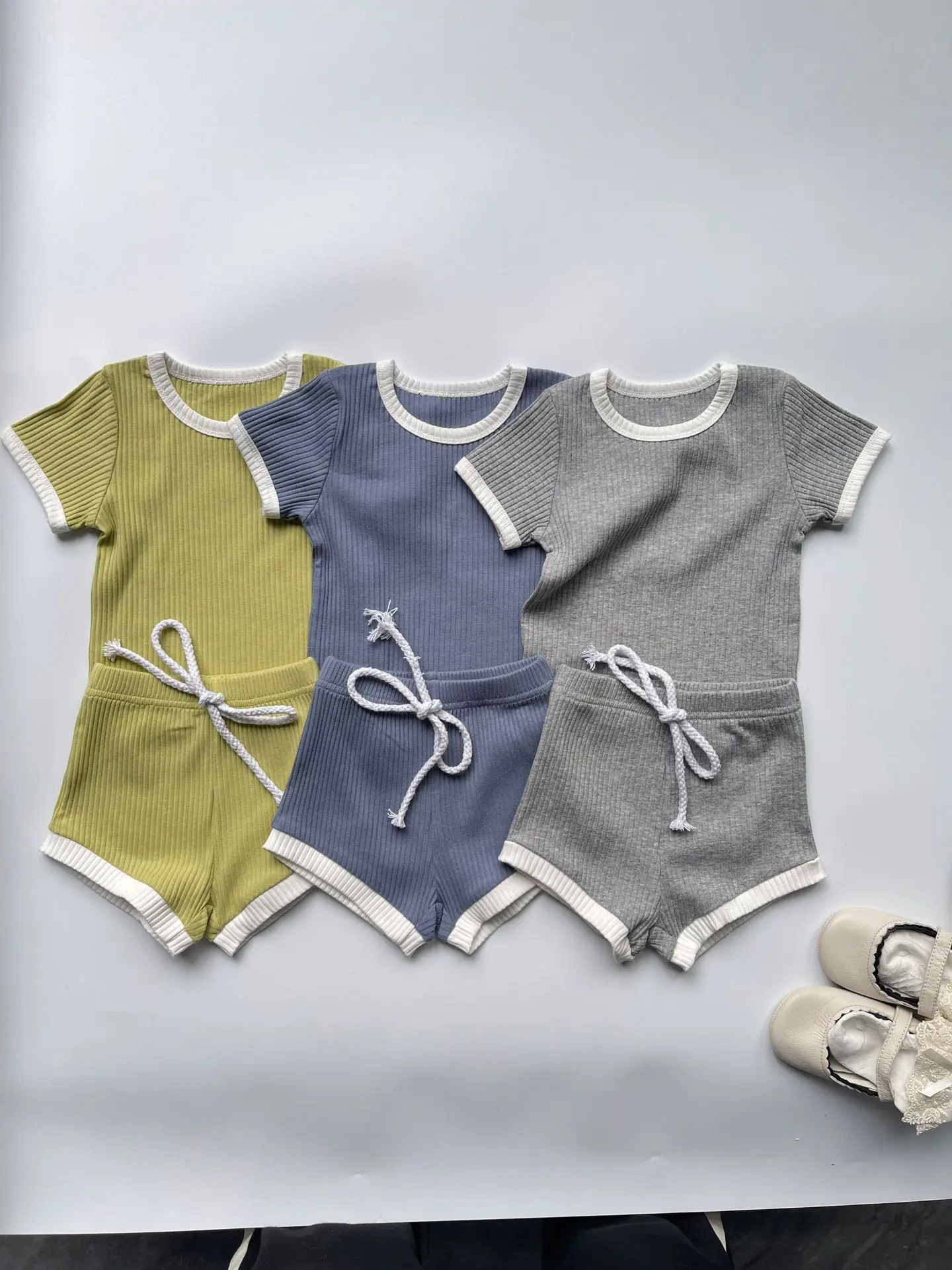 2025 Summer New Baby Short Sleeve Cotton Clothes Set Infant Boy Girl Solid Ribbed T Shirts + Shorts 2pcs Suit Toddler Outfits