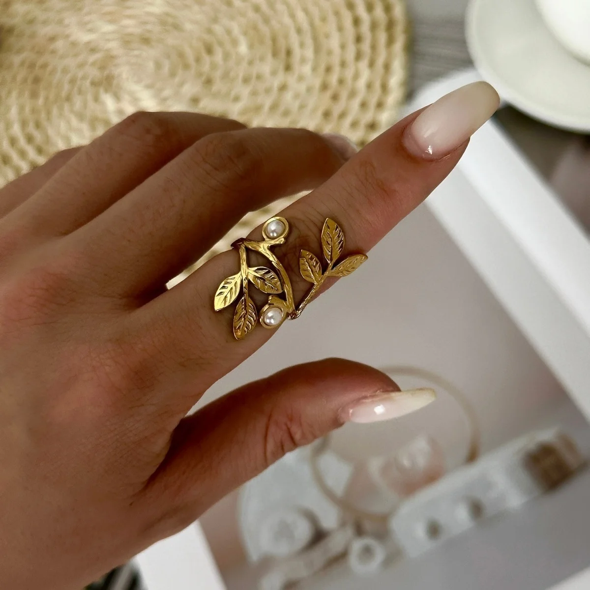 Hohle, doppelte Kreisringe aus Edelstahl mit Blattmuster und Imitationsperlen, S-förmige Ringe für Damen und Herren, Punk-Geometrie, stapelbare Ringe, Schmuck. – Detail 12