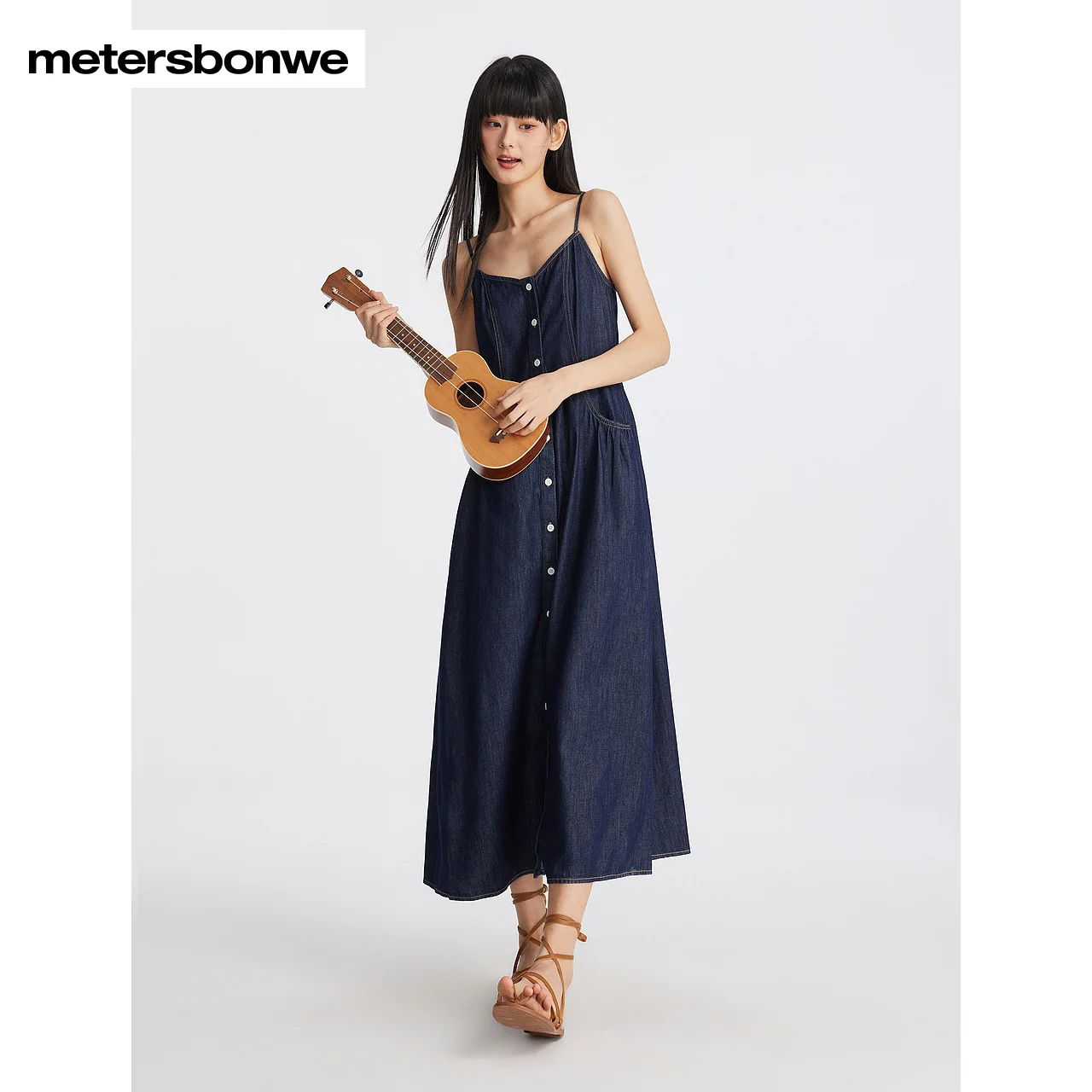 Metersbonwe-2024 New Summer Slim Denim Dress for Women, Suspender Long Dress, Casual Dress for Girls, High Quality Brand Dresses