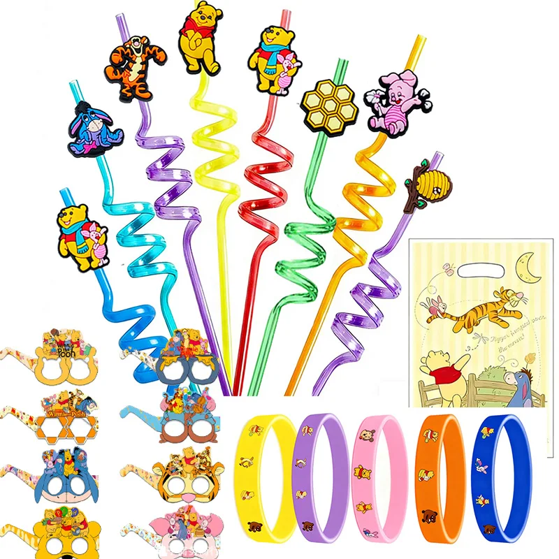 Winnie the Pooh Birthday Party Favors Supplies Gifts Reusable Straw Colorful Straw Mask for Kids Goodie Bag Gift Bag Fillers