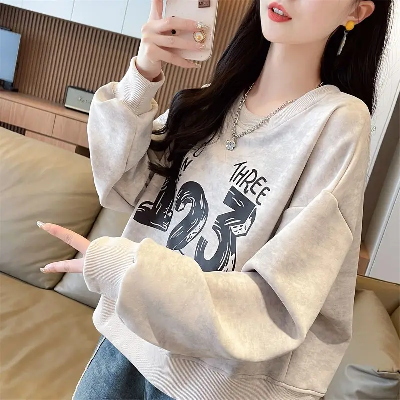 Spring Autumn Women\'s Clothing Letter Printing Round Neck Pullover Lantern Long Sleeve Casual Loose All-match Office Lady Tops