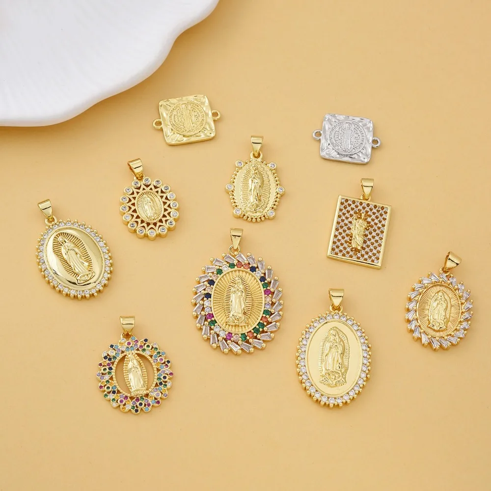 

Овальный квадратный кулон Девы Марии, 2 шт., браслет «сделай сам», ожерелье, изготовление ювелирных изделий, медная инкрустация, цветной циркон, полые аксессуары