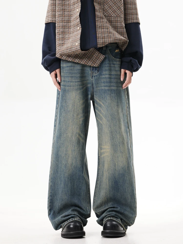 

Американские винтажные широкие мужские джинсы с завышенной талией Cleanfit, свободные прямые повседневные длинные брюки, молодежные модные брюки на молнии со средней талией