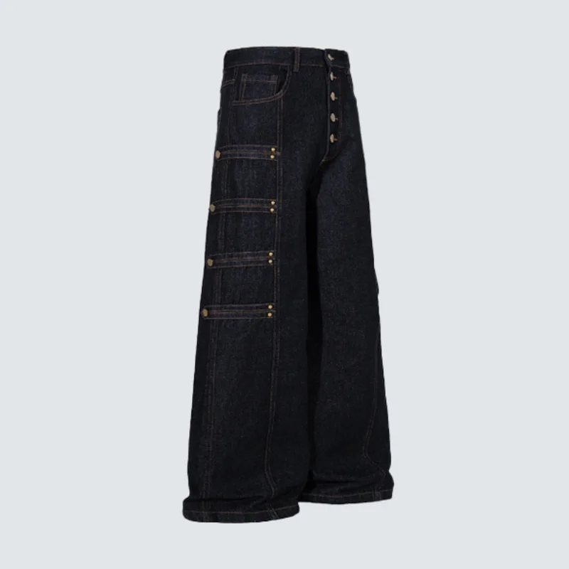 MWJLPWQ American-Style Deconstructed Wide-Leg Jeans Men's Tide Multiple Buttons Stitching Design Spring Autumn Trousers 21428