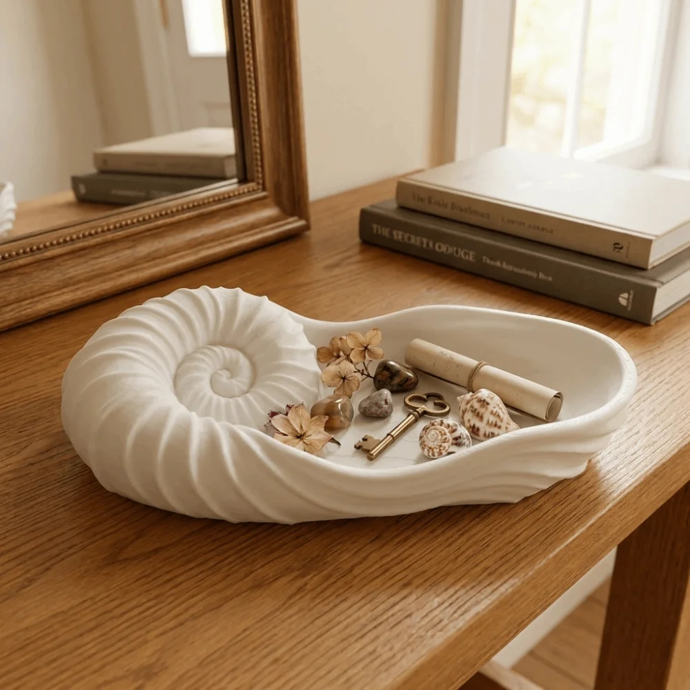 3D Printed Nautilus Shell Tray Conch-Shaped Coastal Style Jewelry Storage Tray Plastic Spiral Design Key Holder