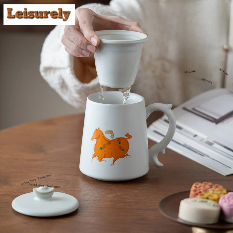 

450ml Ru Kiln Horse Filter Tea Separator Cup Handmade Tea Mug With Infuser Handgrip Cups Household Tea Making Office Water Cup
