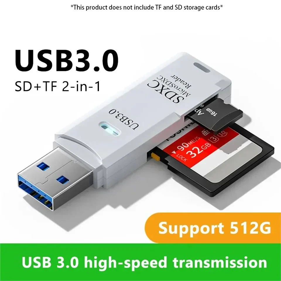 

2 In 1 SD Card Reader High Speed Multi Card SD Reader USB 3.0 2.0 Black Reader Supports TF+SD Computer Tablet Laptop Car Mounted