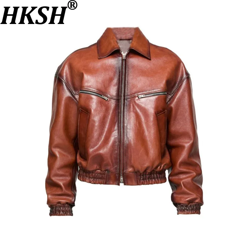 

HKSH Spring Autumn New Man Tide Trend Cool Stylish Short Wide Fit Sheepskin Jacket Flight Suit Gradient Leather Chic Coat HK7994