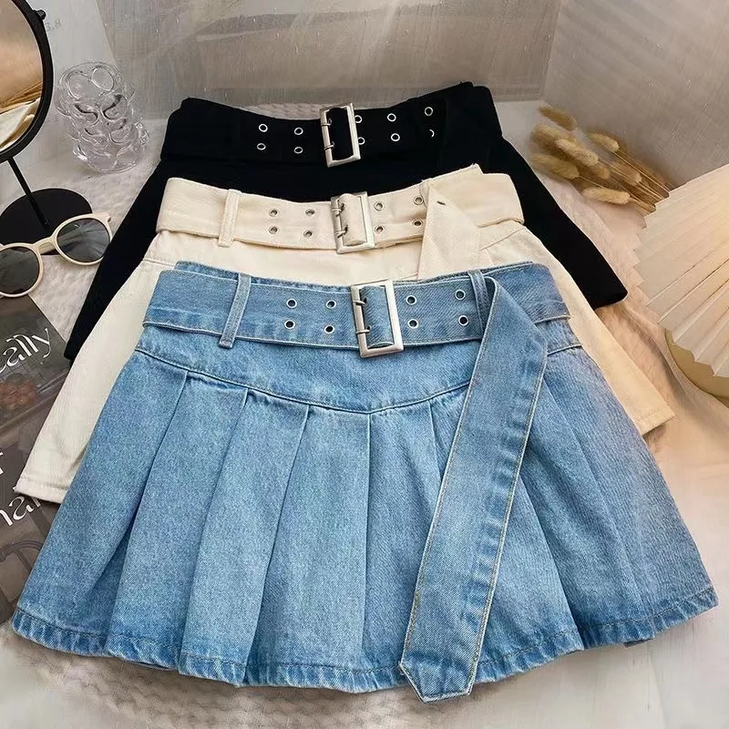 

Girls Summer New Ruffle Edge Elastic High Waist Denim Pleated Korean Edition Children's Solid Color Anti Shining Skirt